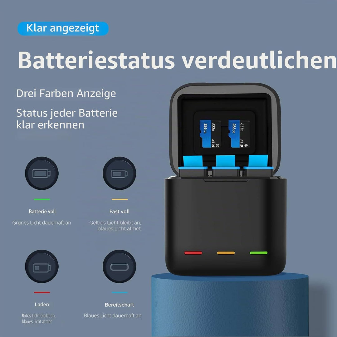 TELESIN Dreifach-Ladegerät und Akku-Speicherbox mit 3 Kanälen Ladegerät mit 2 wiederaufladbaren Lith