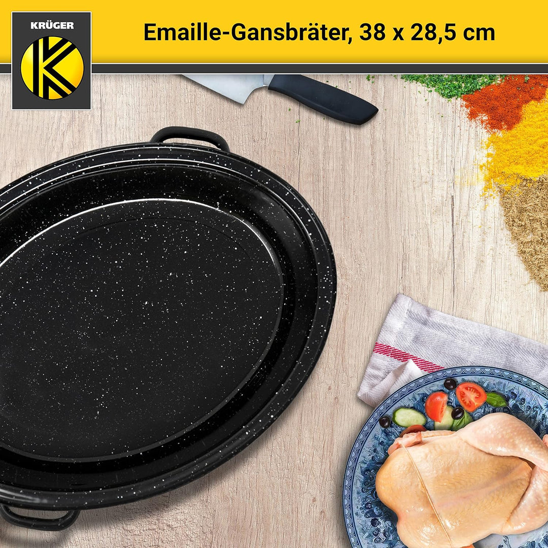 Krüger Emaille-Gansbräter mit Tropfdeckel - hochwertiger Bräter - für alle Herdarten geeignet - herv