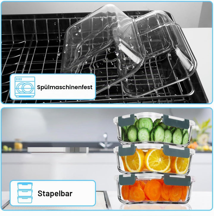 VERONES Glasbehälter für Mahlzeiten, luftdicht, mit Deckel, BPA-frei, geeignet für Mikrowelle, Ofen,