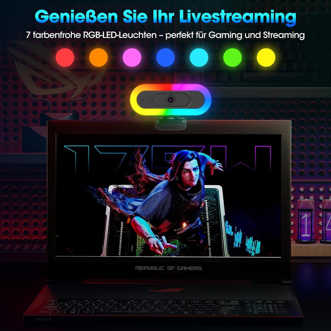 ToLuLu Streaming Webcam 2K 50FPS Web Cam, LED RGB Webcam mit Mikrofon und Licht, Autofokus Computer