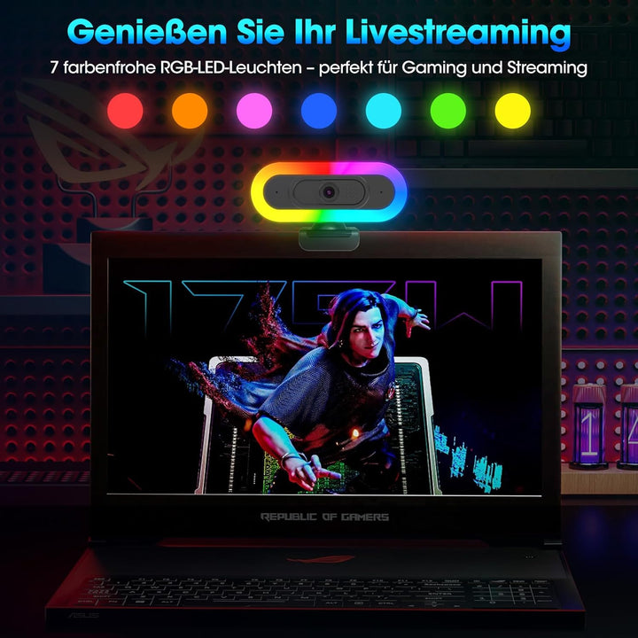 ToLuLu Streaming Webcam 2K 50FPS Web Cam, LED RGB Webcam mit Mikrofon und Licht, Autofokus Computer