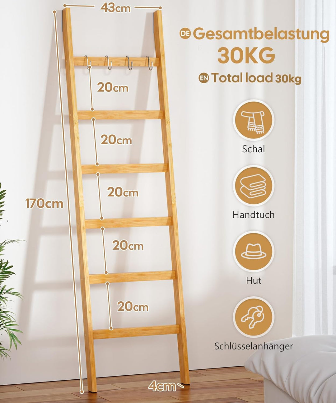 Yorbay Handtuchleiter Bambus, 6 Sprossen, Kleiderleiter mit 2 Sturzsicherheitsriemen und 4 Haken, Ha