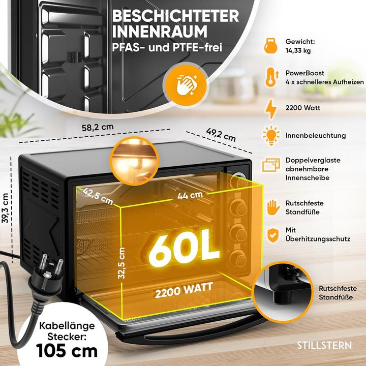 Stillstern Minibackofen mit Umluft (60L) Deutsche Version, Auftauen, Ofenhandschuhe, Rezeptheft, Dre