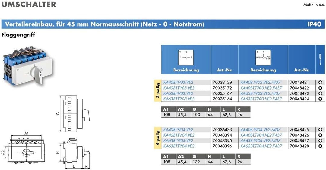 Kraus & Naimer KA40B T903 VE2 +F437 Umschalter 3-polig 40A mit Stellung Netz 0 Notstrom Schnappbefes