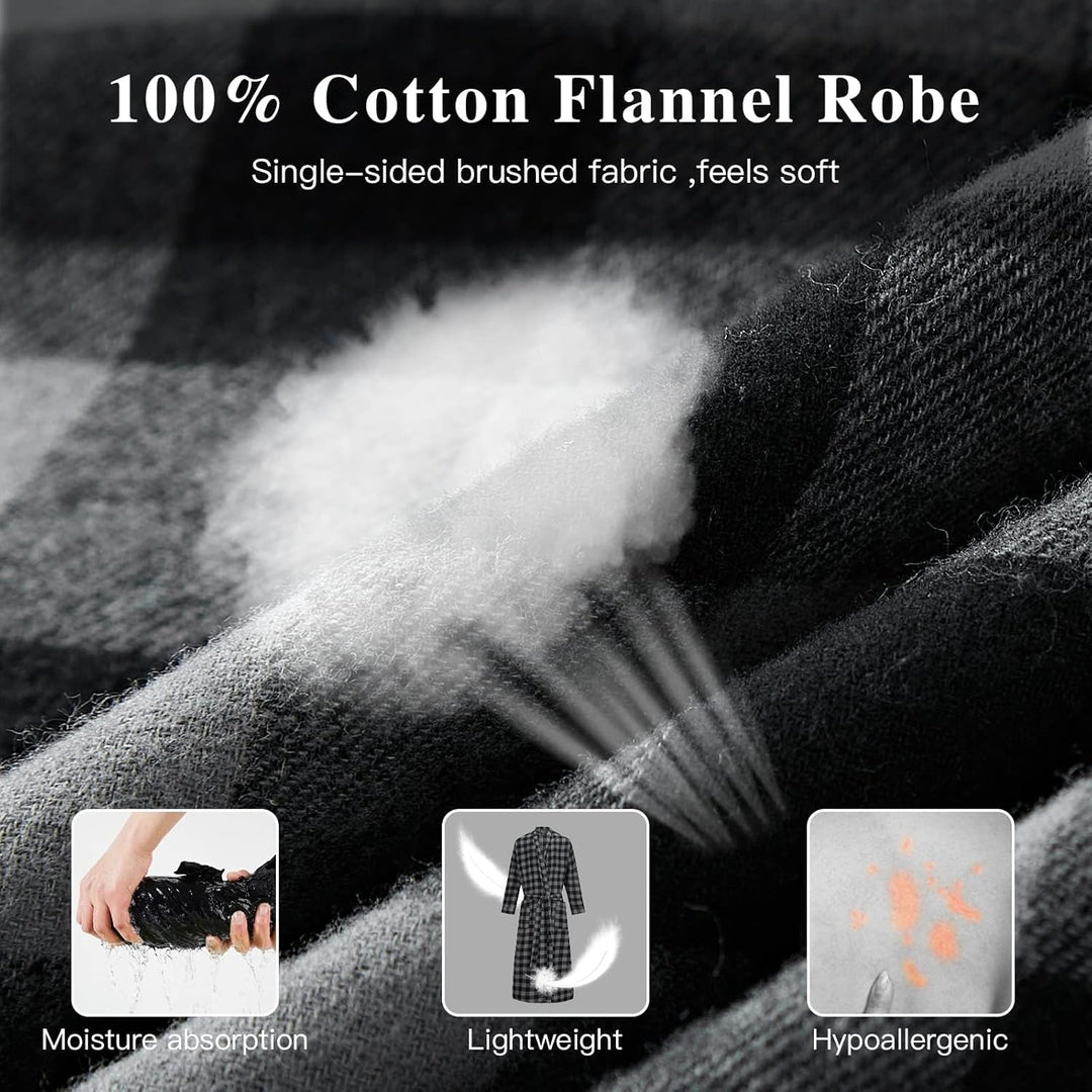 FashGudim Herren Buffalo-Karo 100% Baumwollflanell Bademantel mit Schalkragen Leichter, langer Morge