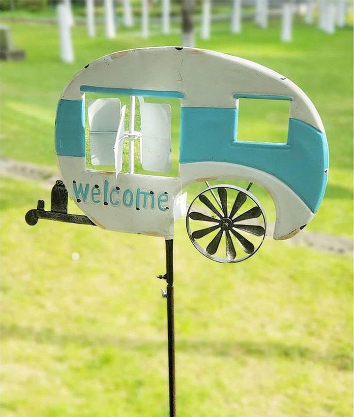 DanDiBo Gartenstecker Metall Wohnwagen XL 160 cm Blau Weiss Caravan 96103 Windspiel Willkommen Windr