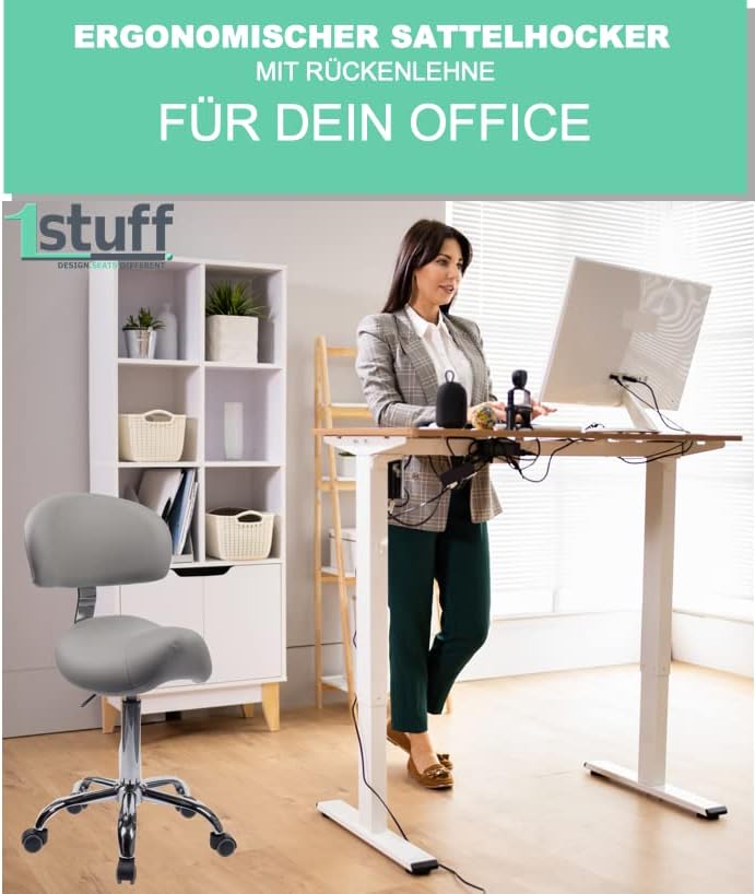 1stuff® Sattelhocker MULY BIGBACK Sattelstuhl mit Lehne - Sitzhöhe bis ca. 74cm - ergonomischer Roll