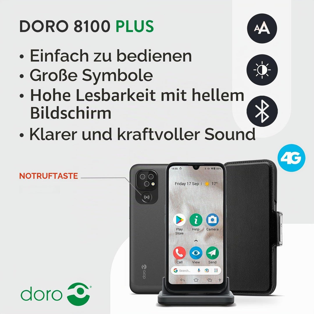 Doro 8100 Plus – 4G entsperrtes Smartphone für Senioren – 13 MP Dreifach-Kamera – wasserfestes Andro
