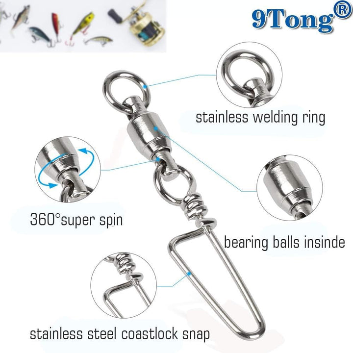 9Tong Kugellager Wirbel mit Coastlock Snap, Edelstahl geschweisster Ring für Angeln Salzwasser Stand