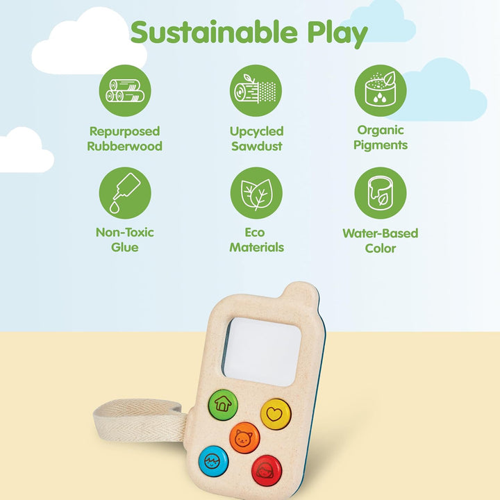 PlanToys Mein erstes Handy - Kinder Handy aus Holz - Kindertelefon mit Lupenbildschirm - mit Handsch
