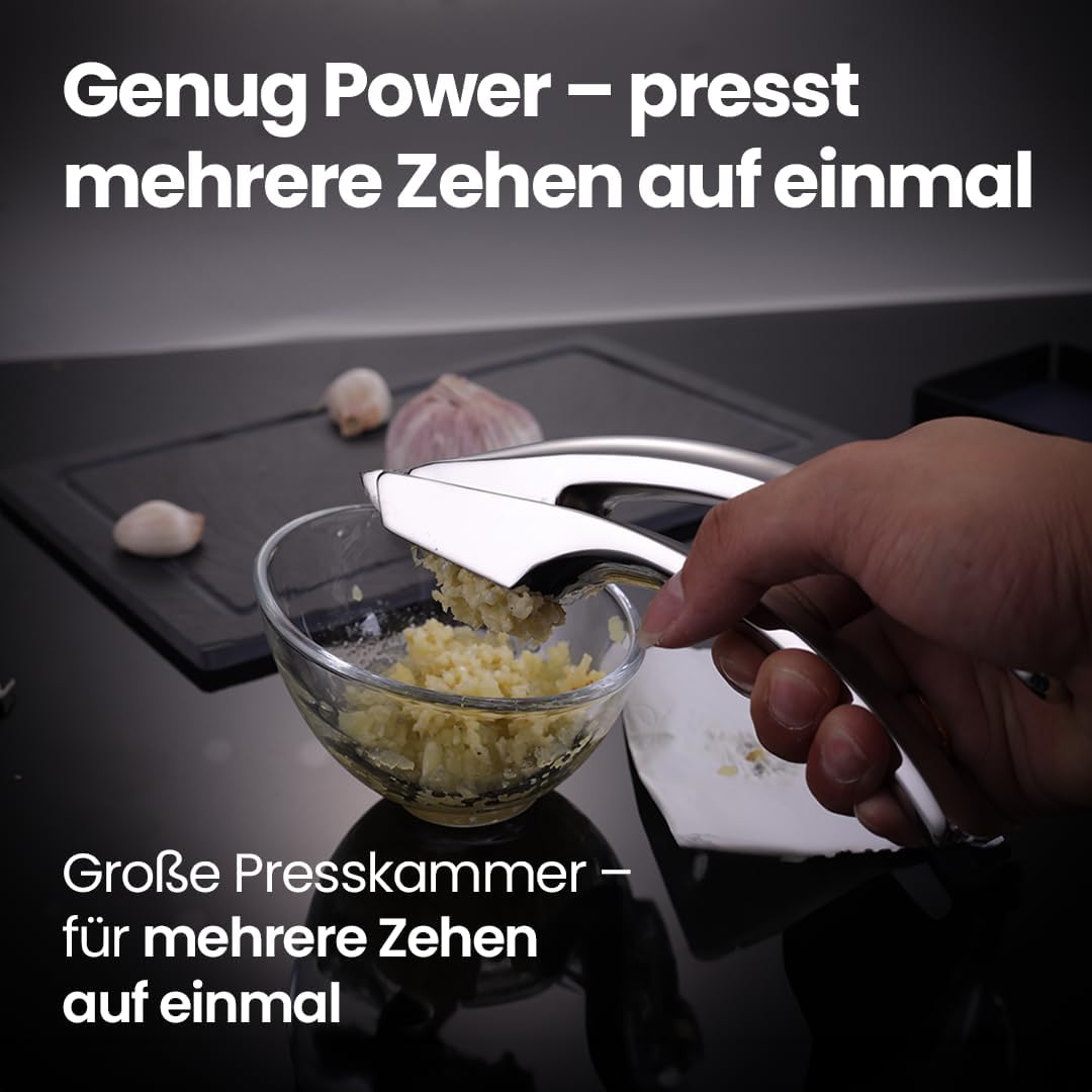 Knoblauchpresse Edelstahl Set mit 2 Aufsätzen | Knoblauch Presse für Knoblauchpaste &amp; Stücke | Garli