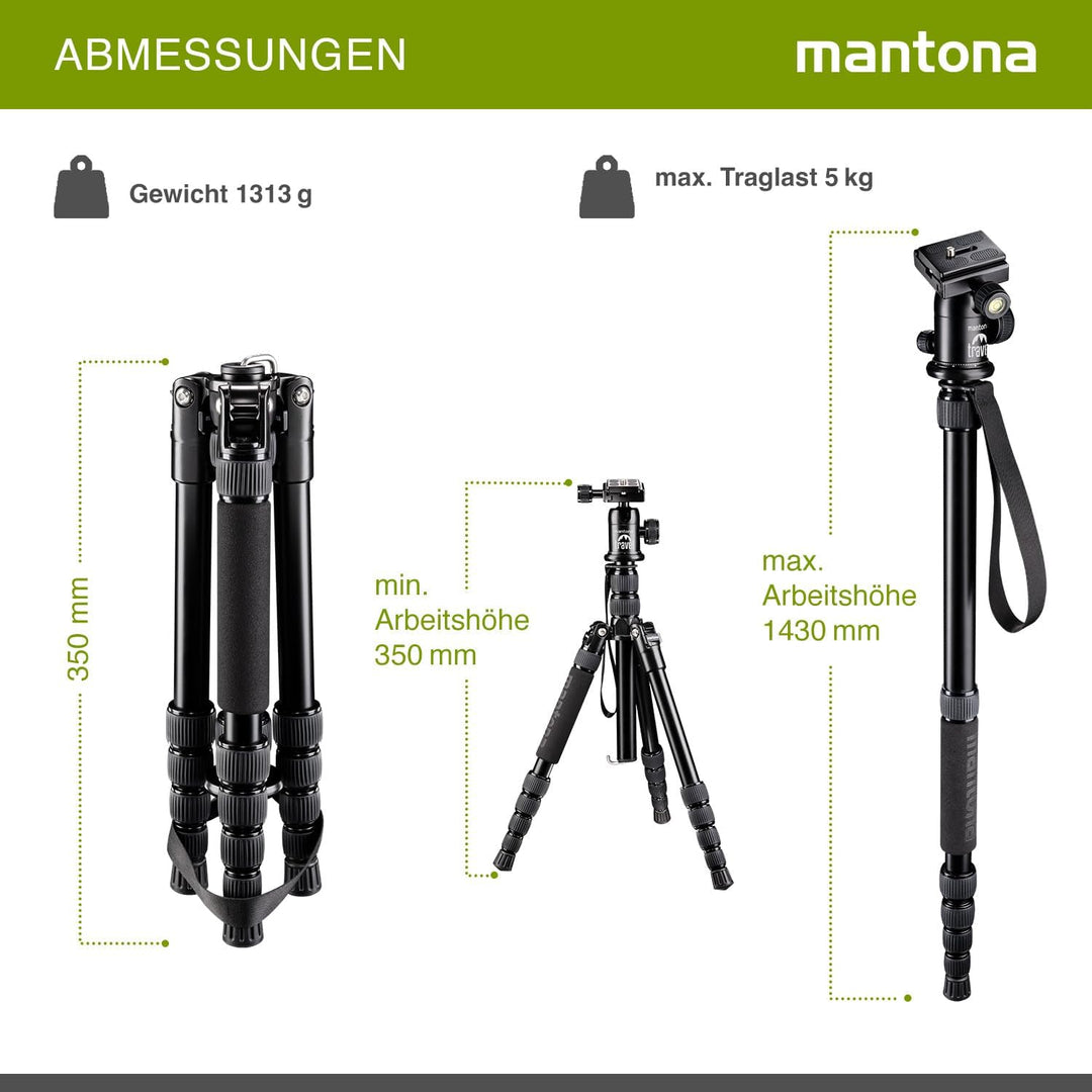 Mantona DSLM Reisestativ Travel - 350 x 90 x 90 mm/max. Traglast ca. 5 kg - mit Kugelkopf, Panoramas