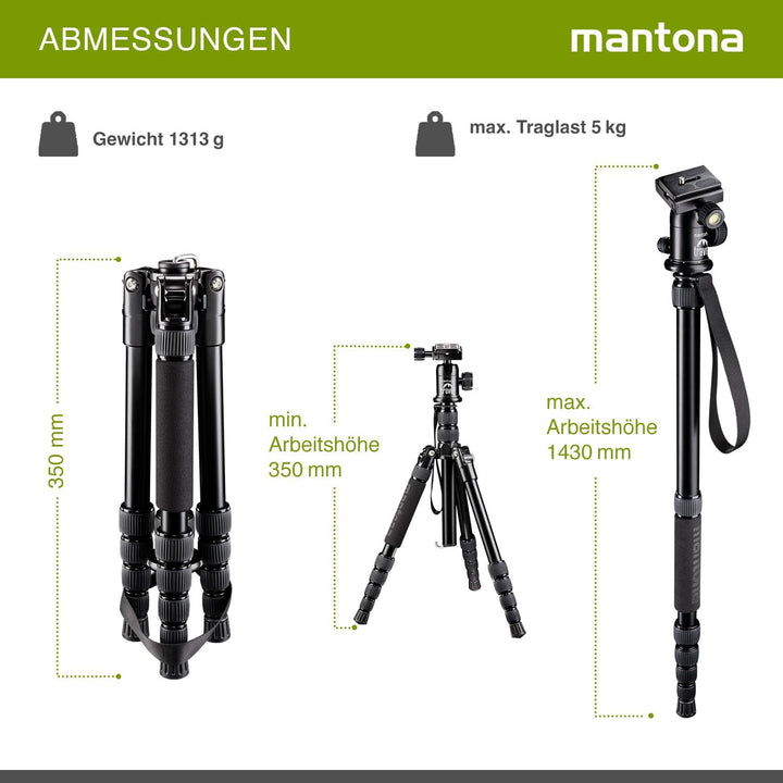 Mantona DSLM Reisestativ Travel - 350 x 90 x 90 mm/max. Traglast ca. 5 kg - mit Kugelkopf, Panoramas