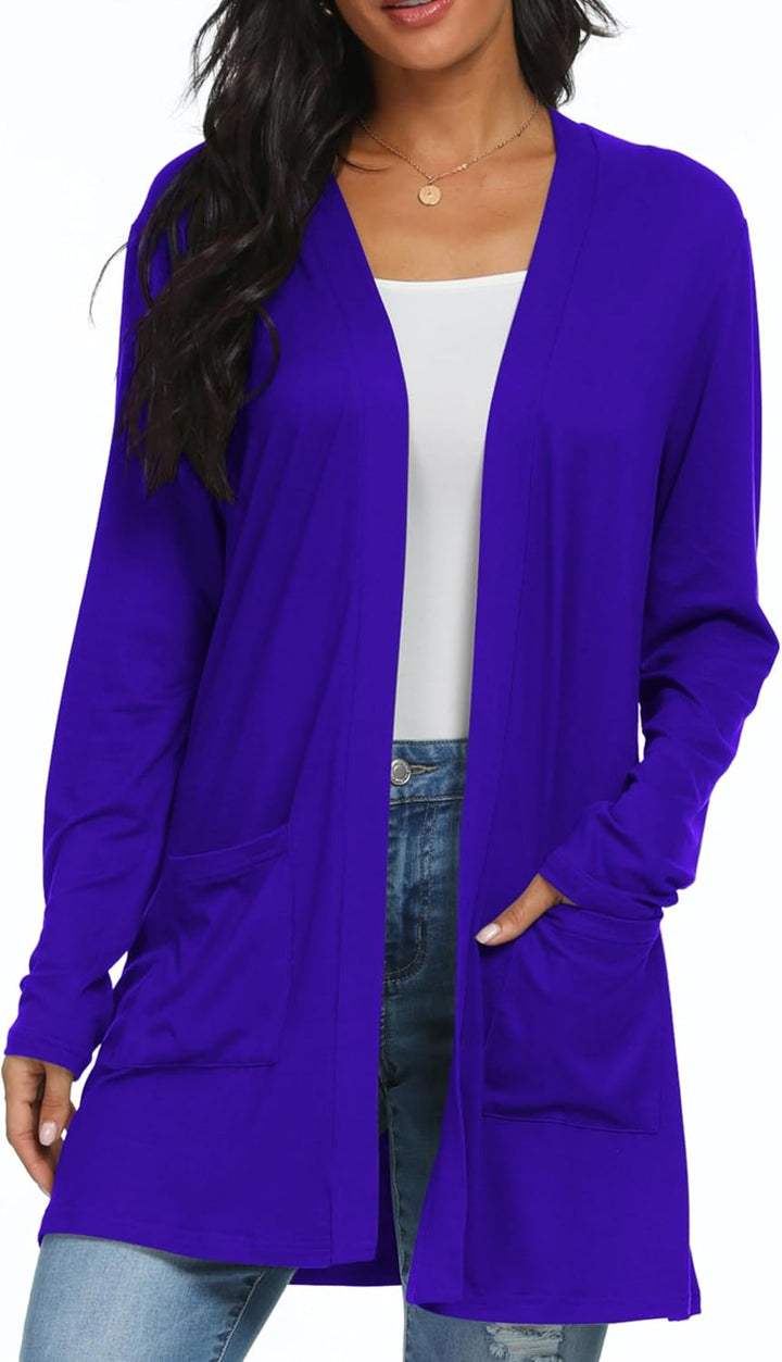 QIXING Casual Leichte Strickjacke Damen Lang Elegant Dünne Strickjacke Lange Ärmel mit Taschen Open