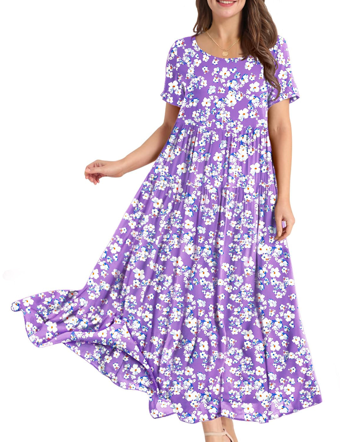 YESNO Damen Kleider Freizeit Lose Sommerkleid Lang Boho Maxikleid für Rundhals Strandkleid Blumenkle