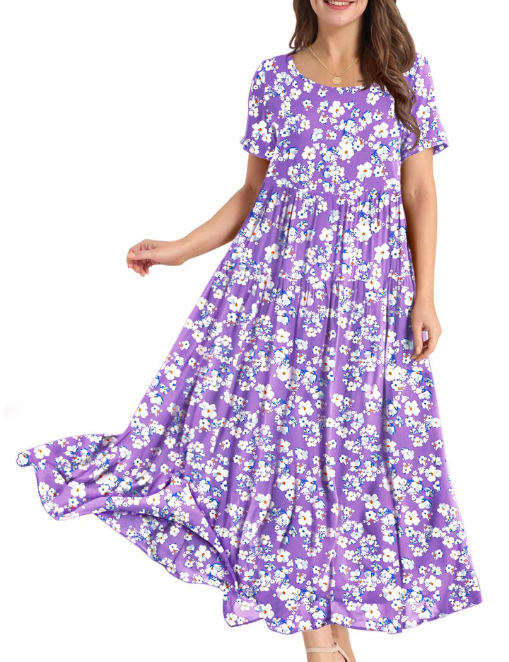 YESNO Damen Kleider Freizeit Lose Sommerkleid Lang Boho Maxikleid für Rundhals Strandkleid Blumenkle