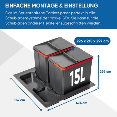 GTV - Abfallsammler Set AxiSpace, für Schubladen und Schränke mit Breite 600 mm, Set Besteht aus Beh