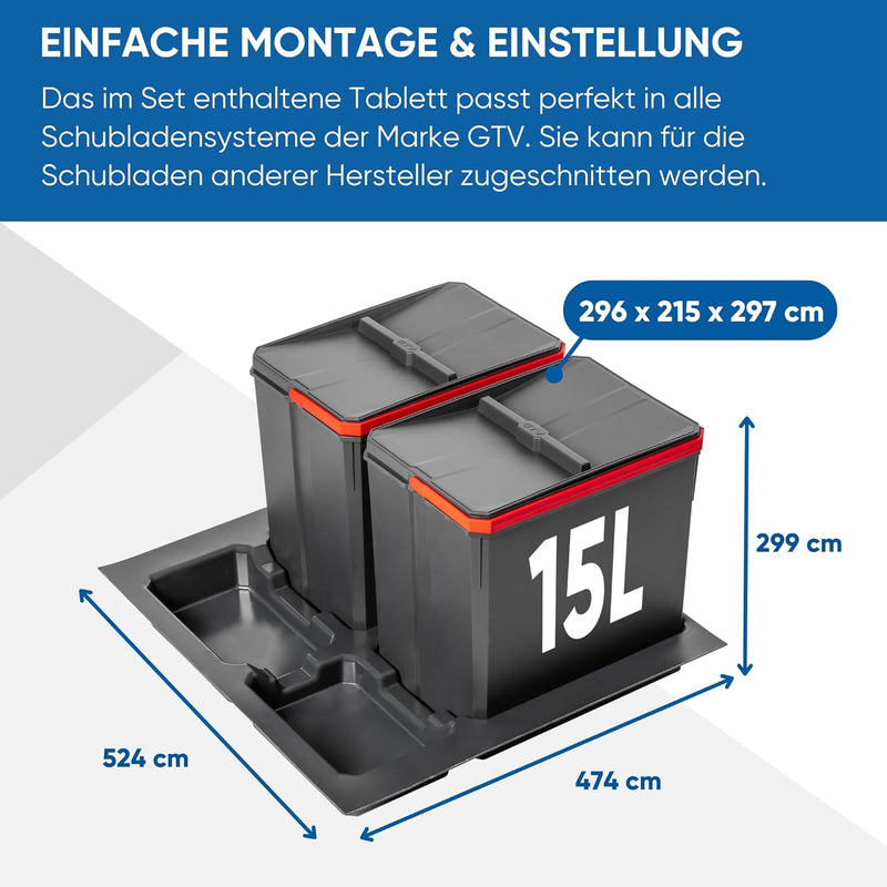 GTV - Abfallsammler Set AxiSpace, für Schubladen und Schränke mit Breite 600 mm, Set Besteht aus Beh