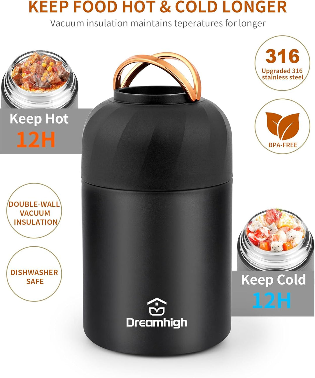 Dreamhigh® Thermobehälter für Essen 850 ml, Edelstahl Warmhaltebehälter Essen mit Griff, Thermoskann