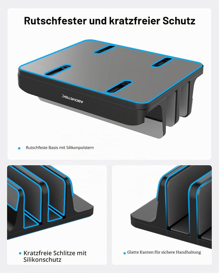 AboveTEK Vertikaler Laptopständer, Laptophalter für Laptop bis zu 17,3 ", 4 in 1, 3 Steckplätze Anti