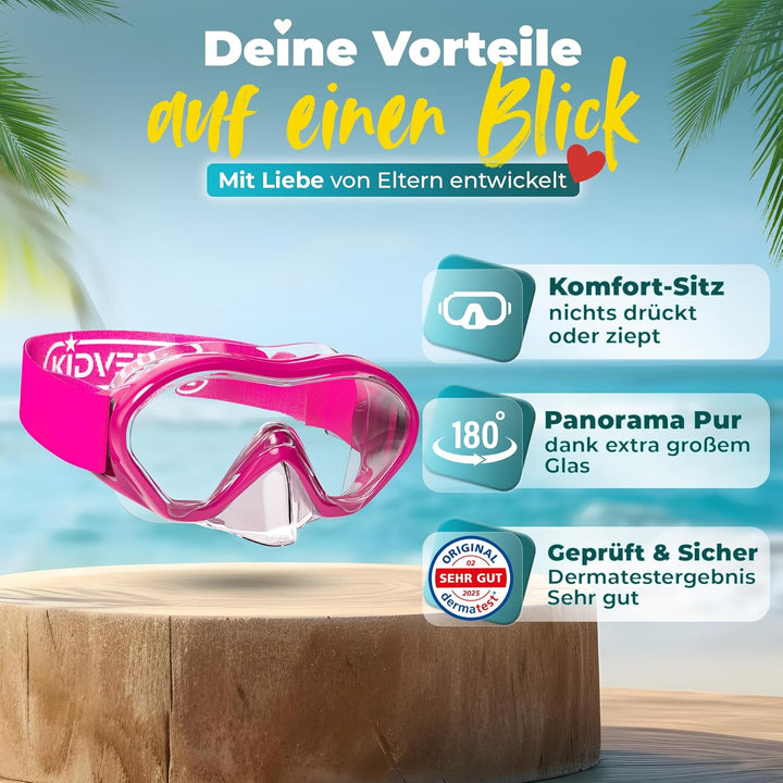 KIDVERSE Taucherbrille Kinder mit Nase - CE & Dermatest geprüfte Kinder Taucherbrille mit Stoffband