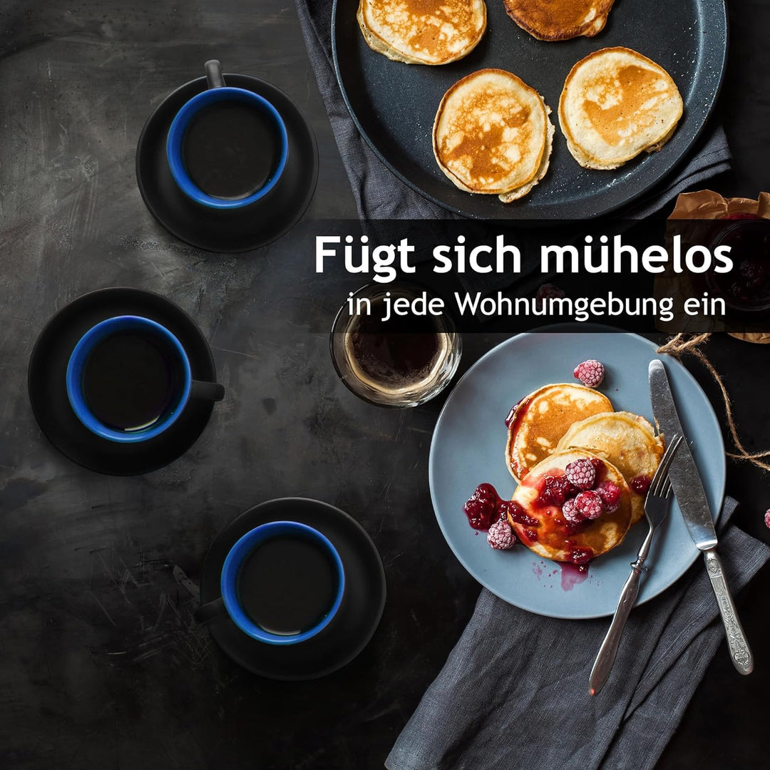 MIAMIO - 6 x 75 ml Espressotassen Set/Espresso Tassen Set mit Untertasse & Ständer - Kaffeetassen Se