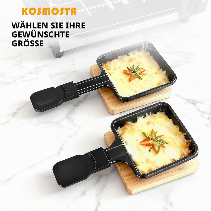 Pfännchen Mini 4 Stücke Antihaftbeschichtet Grill Pfännchen Viereckig Mini Raclette Grill mit 4 Holz