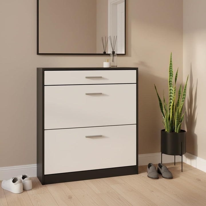 Schuhschrank Roma Schmal mit 2 Klappen und 1 Schublade, Platzsparender Schuhkipper Flurschrank für D