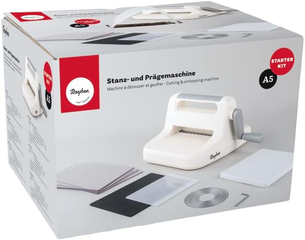 Rayher Stanz-und Prägemaschine A5, mit verschiedenen Stanzplatten und Prägeschablonen, Starter Kit,