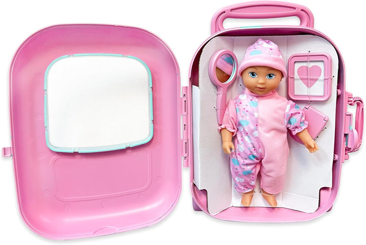 Bayer Design 92805AC Puppe mit Trolley und Zubehör, Spielset, Puppenzubehör, Koffer zum Schliessen u