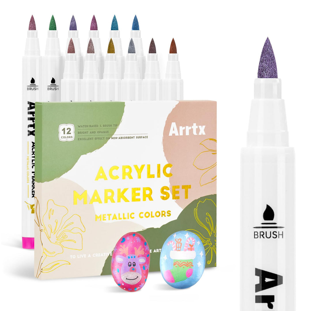 Arrtx 12 Farben Metallic Acrylstifte, Glitzermarker für Felsmalerei, Glitzer stifte mit extra feiner