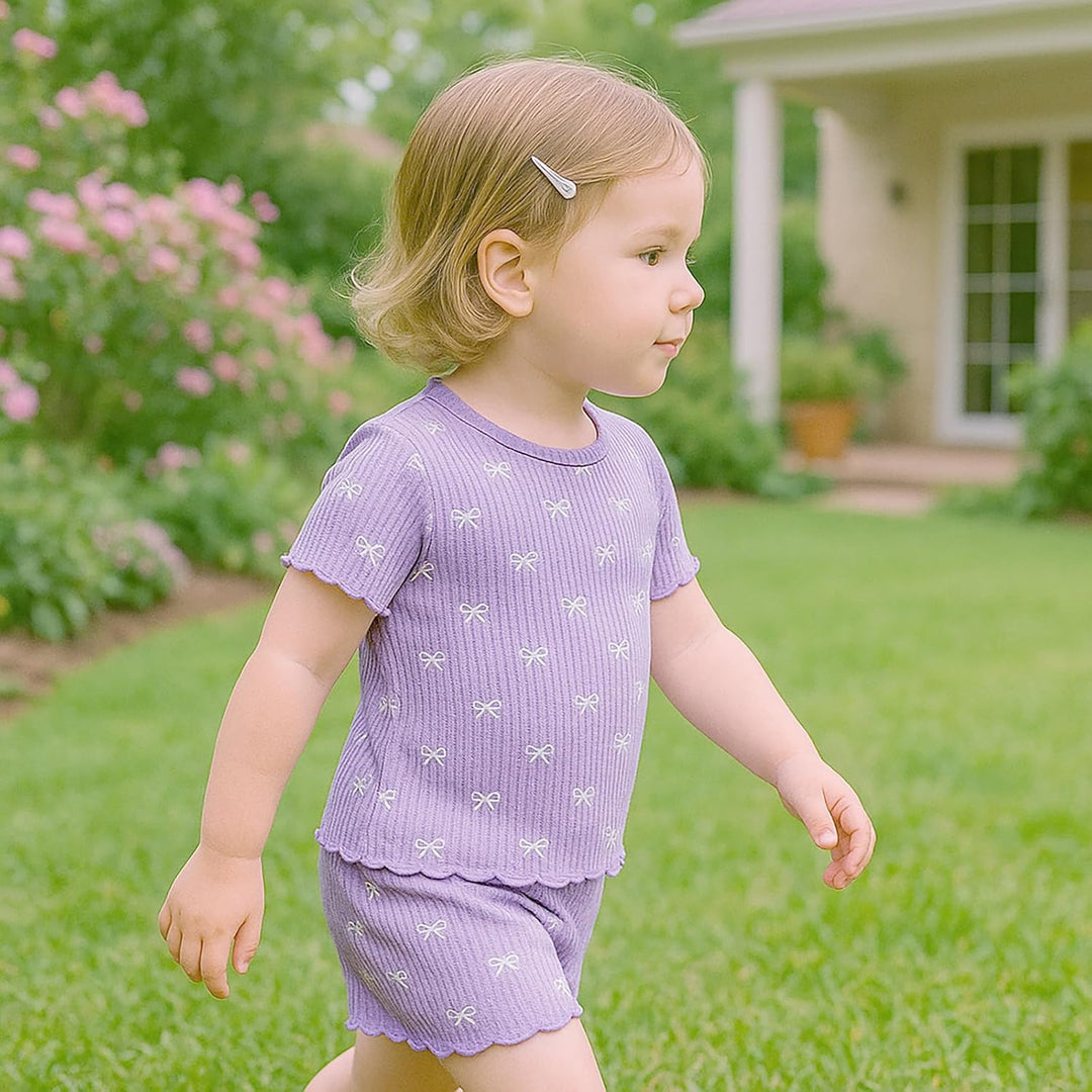 Kleinkind Baby Mädchen Sommer Kleidung Rüsche Gerippt Strick Kurze Ärmel Niedliche Schleife T-Shirt