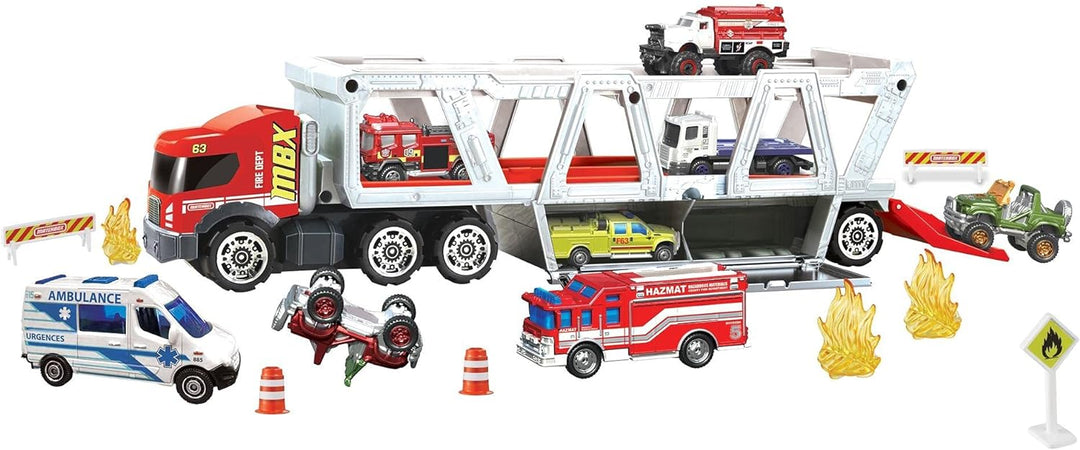 Matchbox GWM23 - Matchbox Construction Hauler mit 1 Feuerwehrfahrzeug und 8 Zubehörteilen, Spielzeug