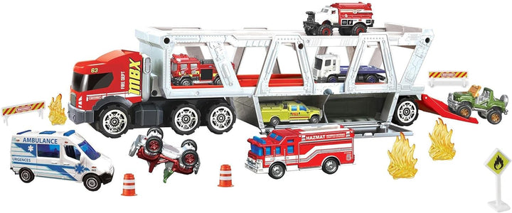 Matchbox GWM23 - Matchbox Construction Hauler mit 1 Feuerwehrfahrzeug und 8 Zubehörteilen, Spielzeug