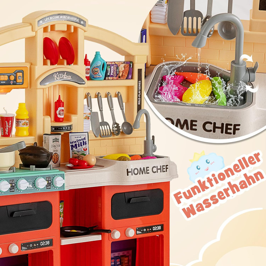 DREAMADE Kinderküche mit 42 TLG. Zubehör, Kinderspielküche mit Licht und Sound, Dampf, Wasser, Spüle