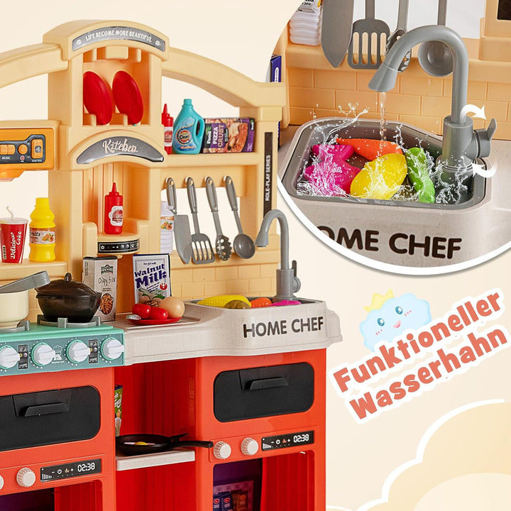 DREAMADE Kinderküche mit 42 TLG. Zubehör, Kinderspielküche mit Licht und Sound, Dampf, Wasser, Spüle