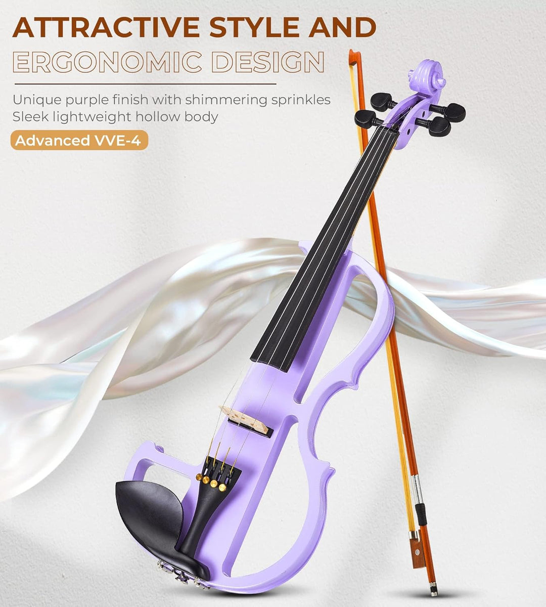 Vangoa 4/4 Elektrische Violine Stille Geige aus Massivem Holz mit Kolophonium, Tragetasche, Kabel, S