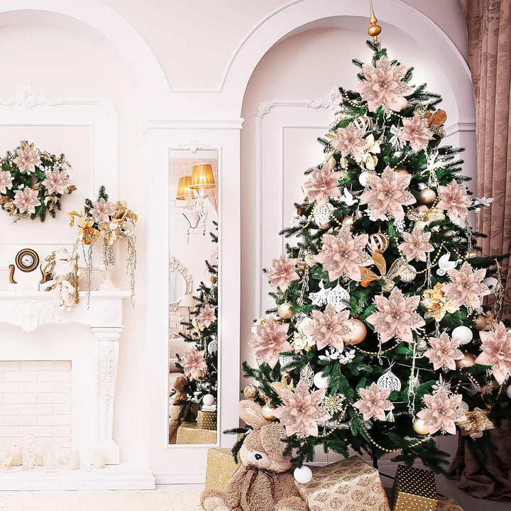 24 Glitzer Weihnachtsstern Blumen Künstliche Weihnachten Blumen Ornamente Hochzeit Blume Deko Weihna