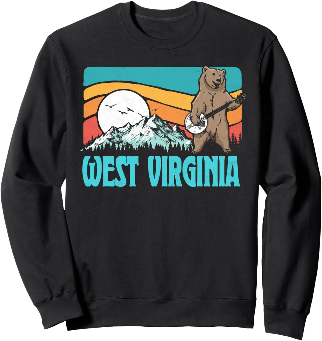 West Virginia Mountains Bluegrass Banjo Bear Funny Graphic Sweatshirt