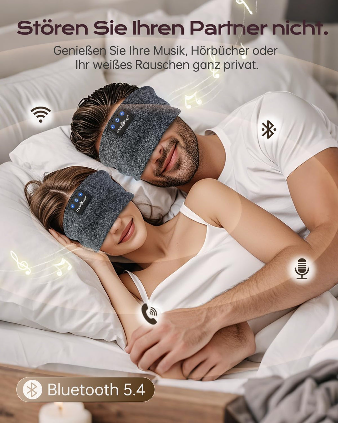 MUSICOZY Schlafkopfhörer Bluetooth, Schlaf Kopfhörer Seitenschläfer Kabellos Sport Kopfhörer Stirnba