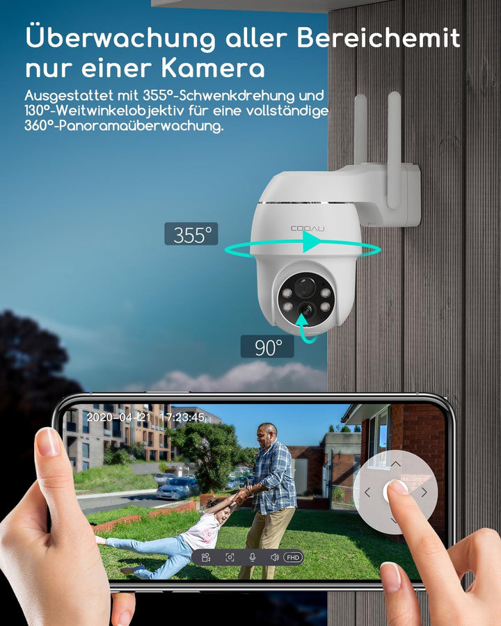 COOAU 2K Überwachungskamera Aussen Akku , 355°/90° Schwenkbar, Kabellose WLAN IP Kamera Outdoor mit
