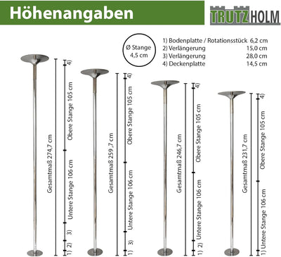 Profi Pole Dance Tanzstange 45mm, GoGo Tabledance mit Static + Spinning Funktion, von 223 - 274 cm H