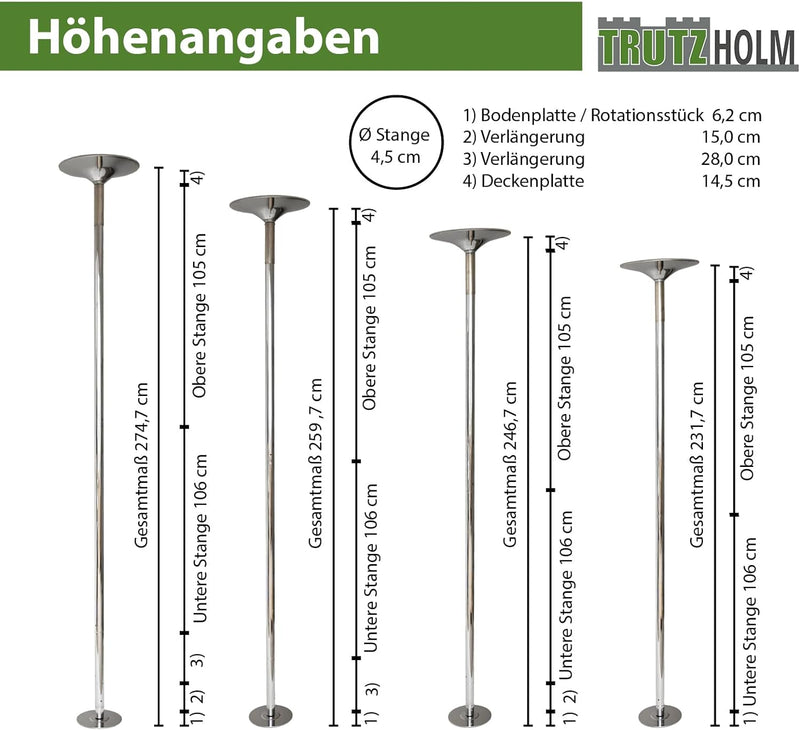 Profi Pole Dance Tanzstange 45mm, GoGo Tabledance mit Static + Spinning Funktion, von 223 - 274 cm H