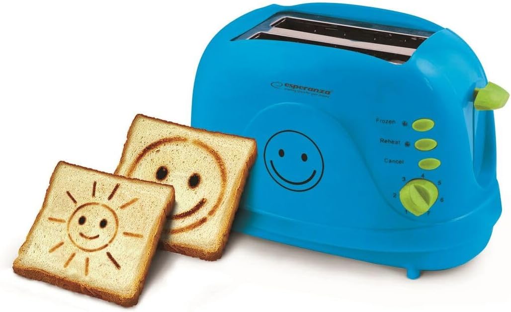 Esperanza Toaster 2 Scheiben mit SMILEY Bild Muster und Timer, Sandwich Krümelschublade, blau
