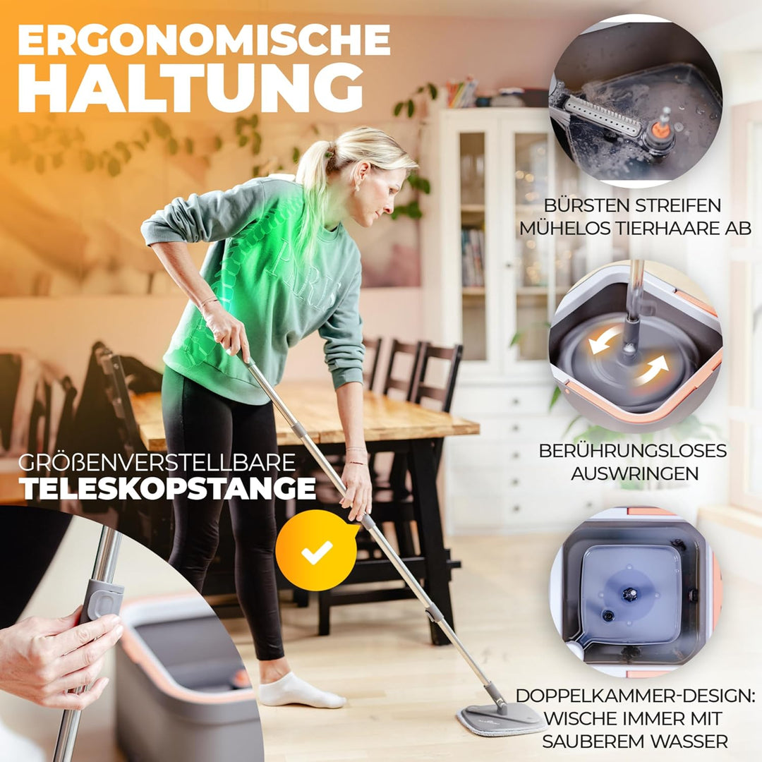 Wischmopp Set mit Eimer, 2-Kammer-System & 2 Mikrofaser-Pads, Flachmopp Bodenwischer mit Edelstahlst