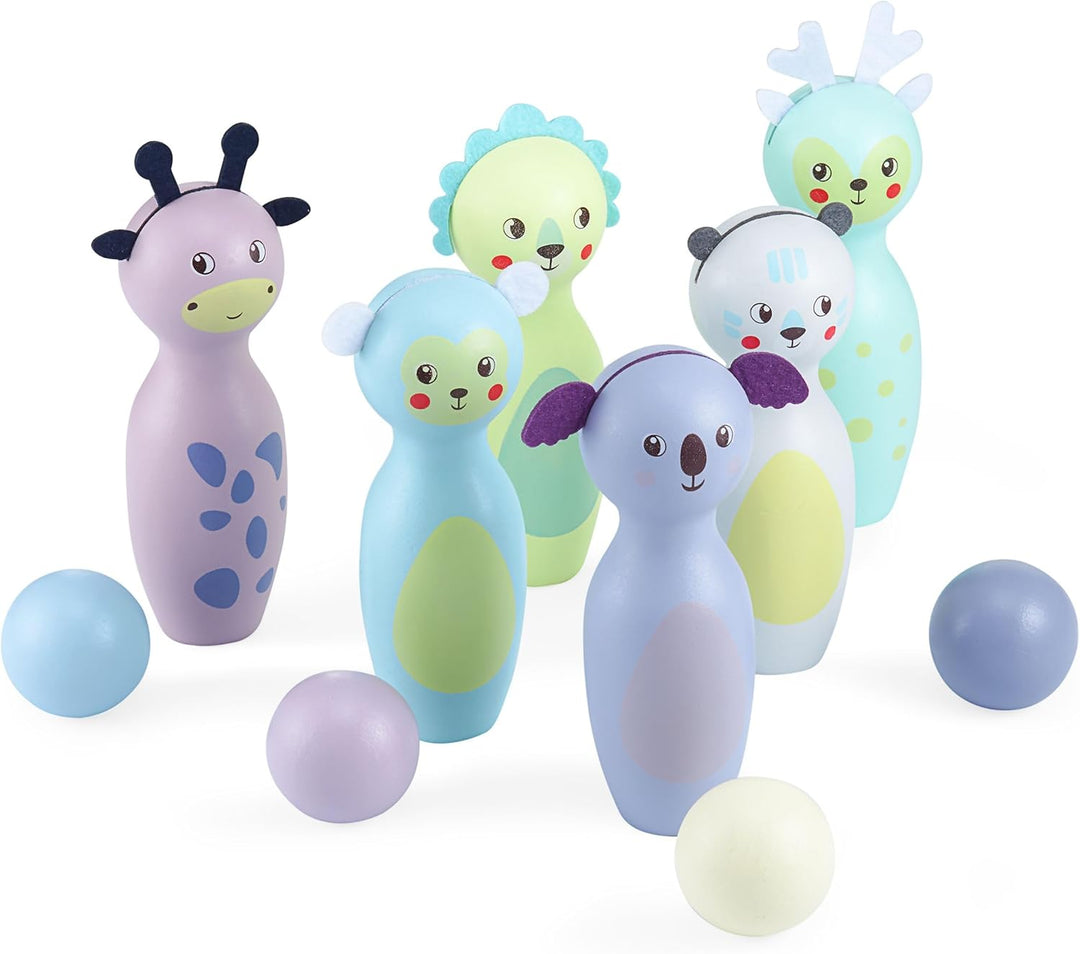Mamabrum Holz-Bowling-Set für Kinder – Tierfiguren, Motorikspielzeug, 6 Kegel und 4 Kugeln, langlebi