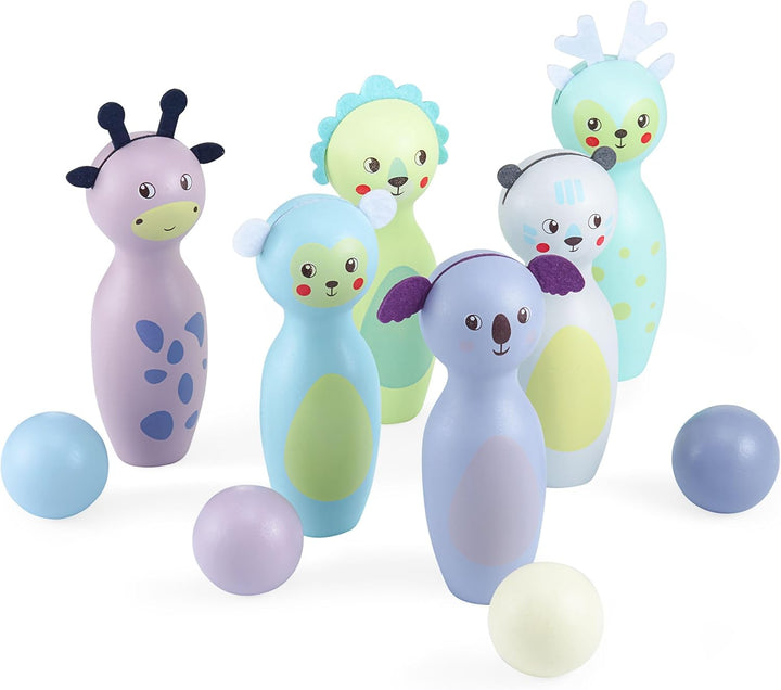 Mamabrum Holz-Bowling-Set für Kinder – Tierfiguren, Motorikspielzeug, 6 Kegel und 4 Kugeln, langlebi
