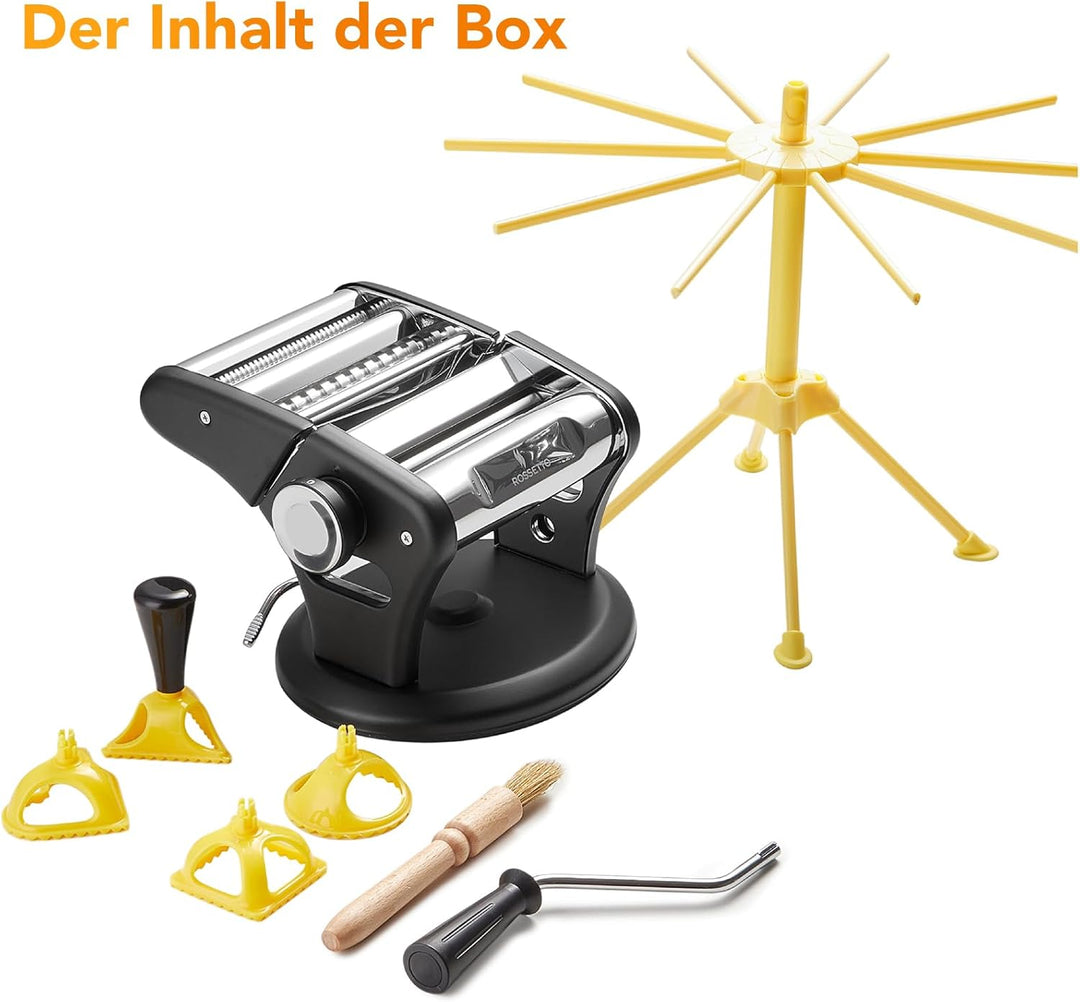 ROSSETTO Manuelle Nudelmaschine mit Trockner und Saugnapf, Edelstahl Pastamaschine mit, 9 Teigstärke