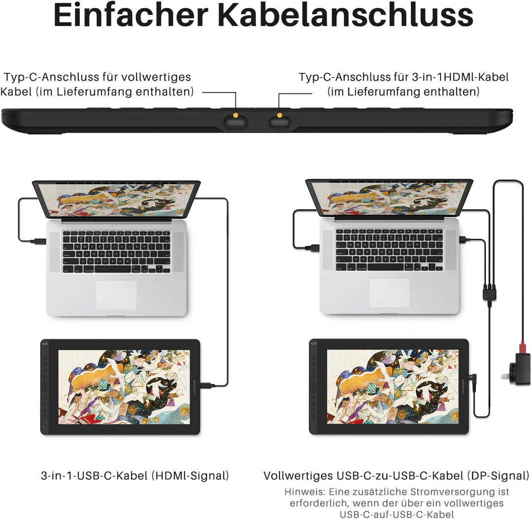 HUION Kamvas 16 Grafiktablett mit Display, 15,6 Zoll，8192 Stufen Batterieloser Stift, 10 Tasten Zeic