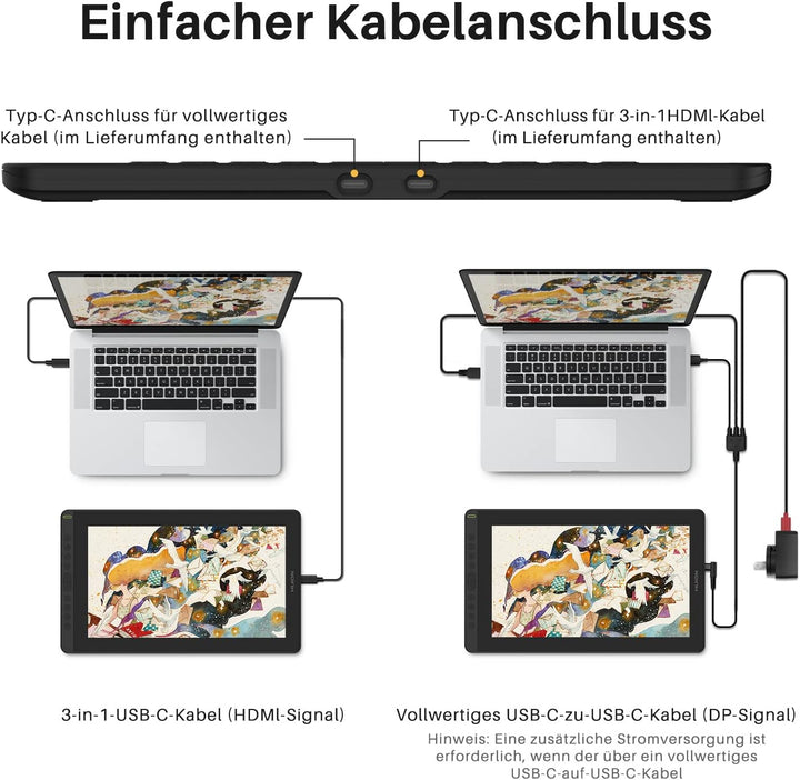 HUION Kamvas 16 Grafiktablett mit Display, 15,6 Zoll，8192 Stufen Batterieloser Stift, 10 Tasten Zeic